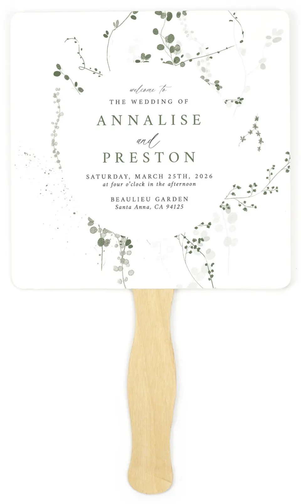 This is a 6¼" x 6¼" Wedding Program Fan called Fresh Tendrils printed in full color on Premium Smooth paper