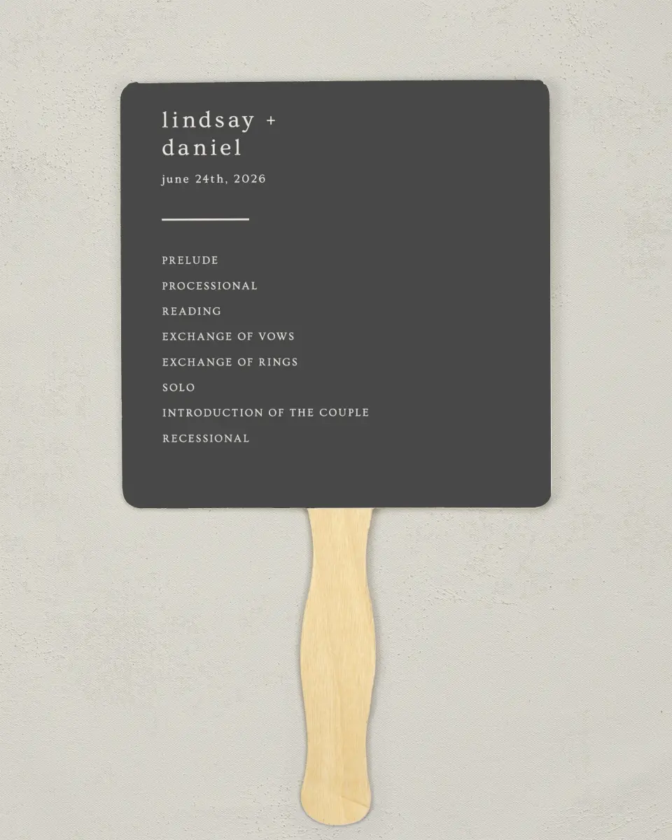 This is a 6¼" x 6¼" Wedding Program Fan called Simple Gathering printed in full color on Premium Smooth paper