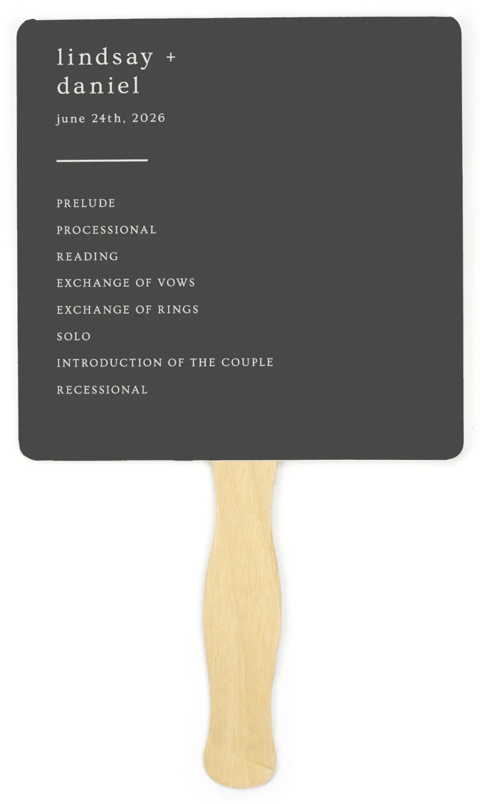 This is a 6¼" x 6¼" Wedding Program Fan called Simple Gathering printed in full color on Premium Smooth paper