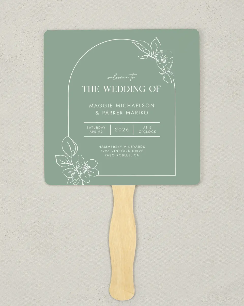 This is a 6¼" x 6¼" Wedding Program Fan called Blossoming Arch printed in full color on Premium Smooth paper