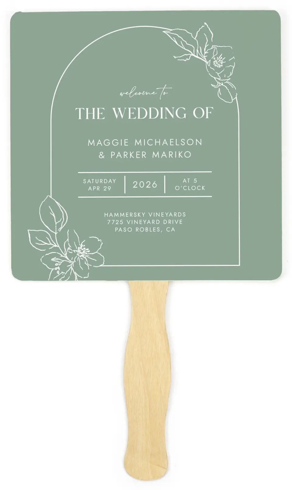 This is a 6¼" x 6¼" Wedding Program Fan called Blossoming Arch printed in full color on Premium Smooth paper