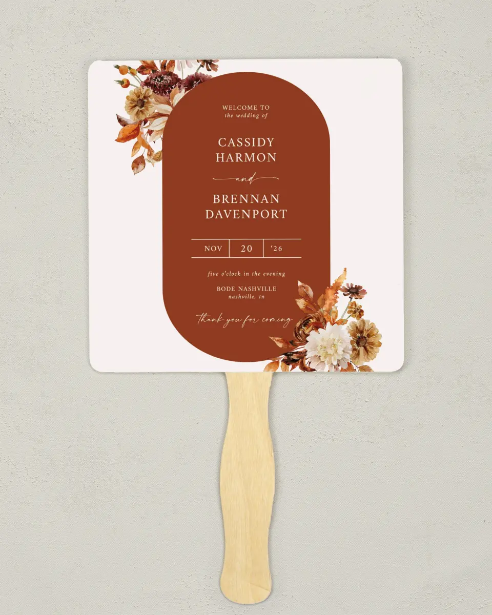 This is a 6¼" x 6¼" Wedding Program Fan called Autumn Florals printed in full color on Premium Smooth paper