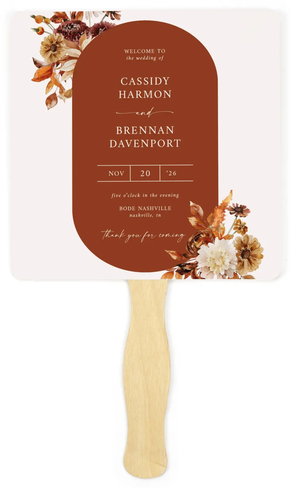 This is a 6¼" x 6¼" Wedding Program Fan called Autumn Florals printed in full color on Premium Smooth paper