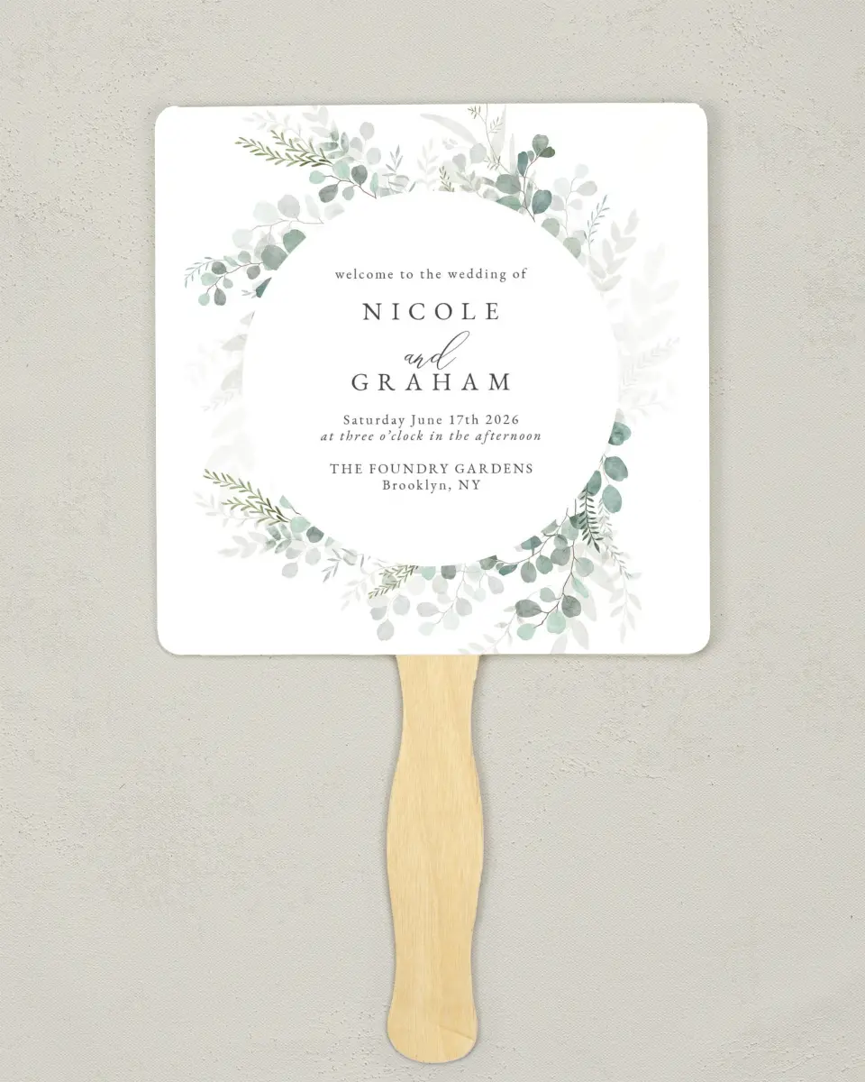 This is a 6¼" x 6¼" Wedding Program Fan called Elegant Greenery printed in full color on Premium Smooth paper