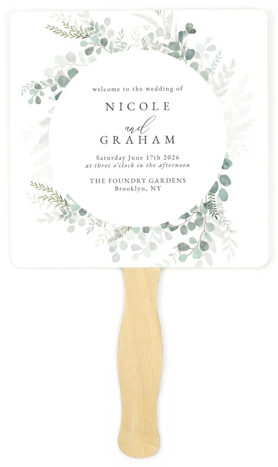 This is a 6¼" x 6¼" Wedding Program Fan called Elegant Greenery printed in full color on Premium Smooth paper
