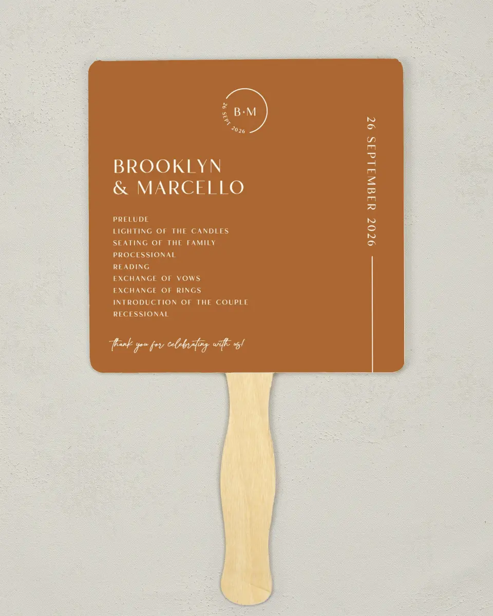This is a 6¼" x 6¼" Wedding Program Fan called The Brooklyn printed in full color with Silver foil on Luxe Satin (coated) paper