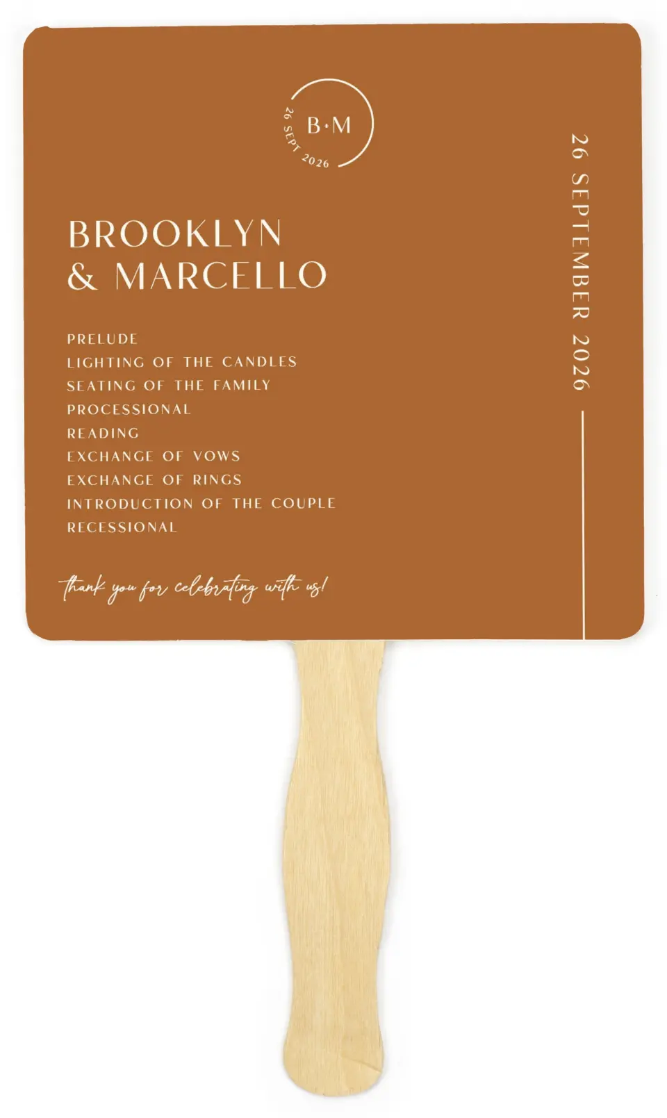 This is a 6¼" x 6¼" Wedding Program Fan called The Brooklyn printed in full color on Premium Smooth paper
