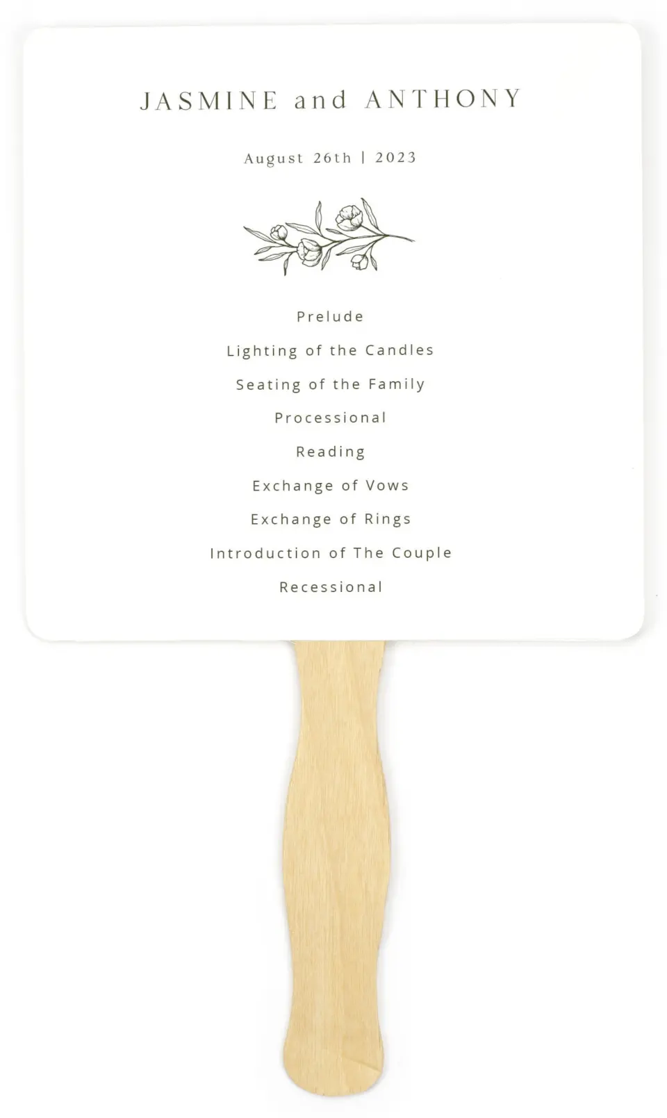 This is a 6¼" x 6¼" Wedding Program Fan called The Jasmine printed in full color on Premium Smooth paper