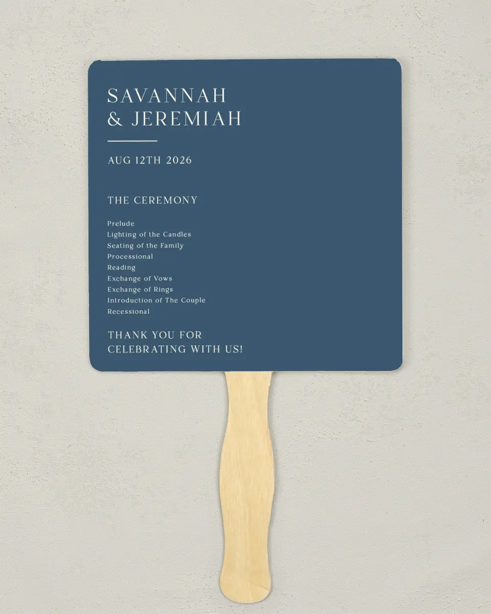 This is a 6¼" x 6¼" Wedding Program Fan called The Savannah printed in full color with Silver foil on Luxe Satin (coated) paper