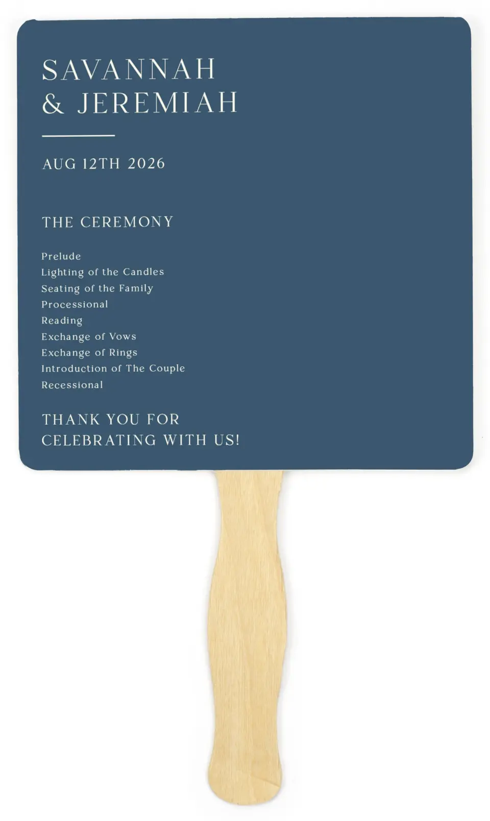 This is a 6¼" x 6¼" Wedding Program Fan called The Savannah printed in full color on Premium Smooth paper