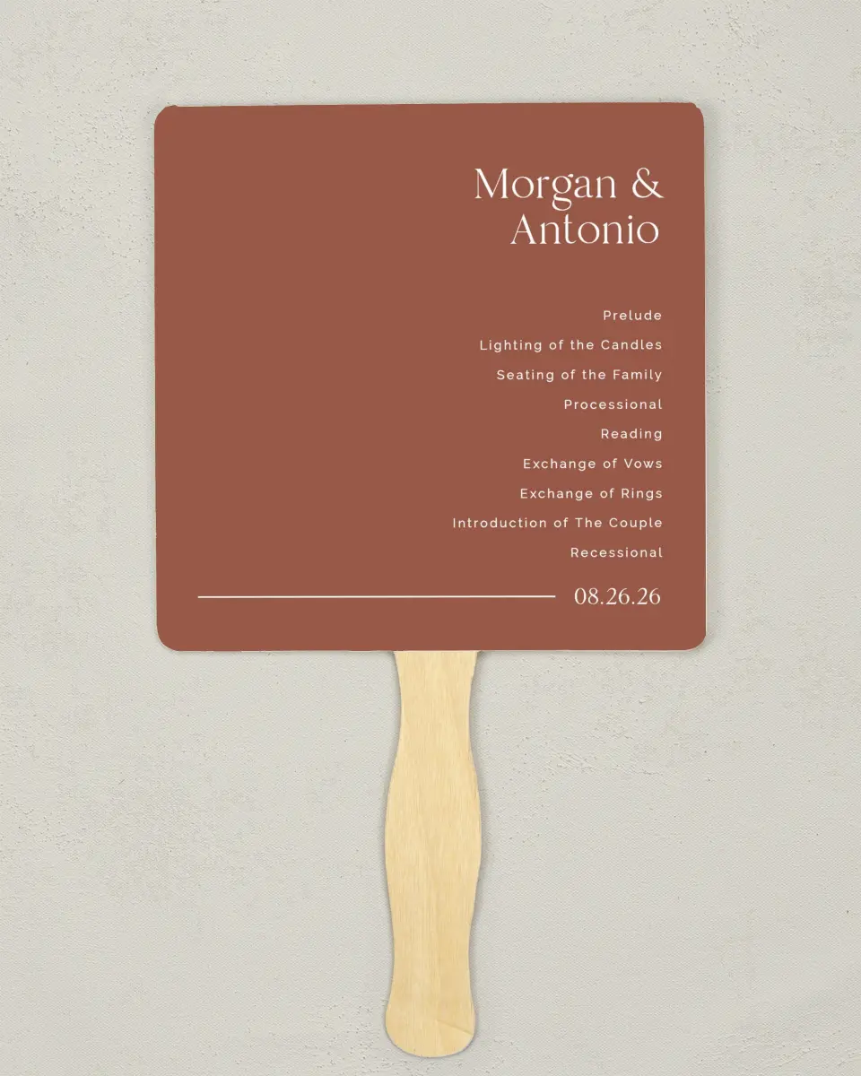 This is a 6¼" x 6¼" Wedding Program Fan called The Morgan printed in full color with Silver foil on Luxe Satin (coated) paper