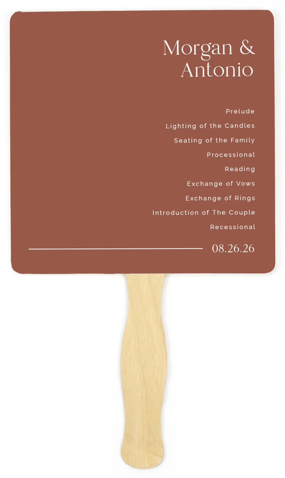 This is a 6¼" x 6¼" Wedding Program Fan called The Morgan printed in full color on Premium Smooth paper