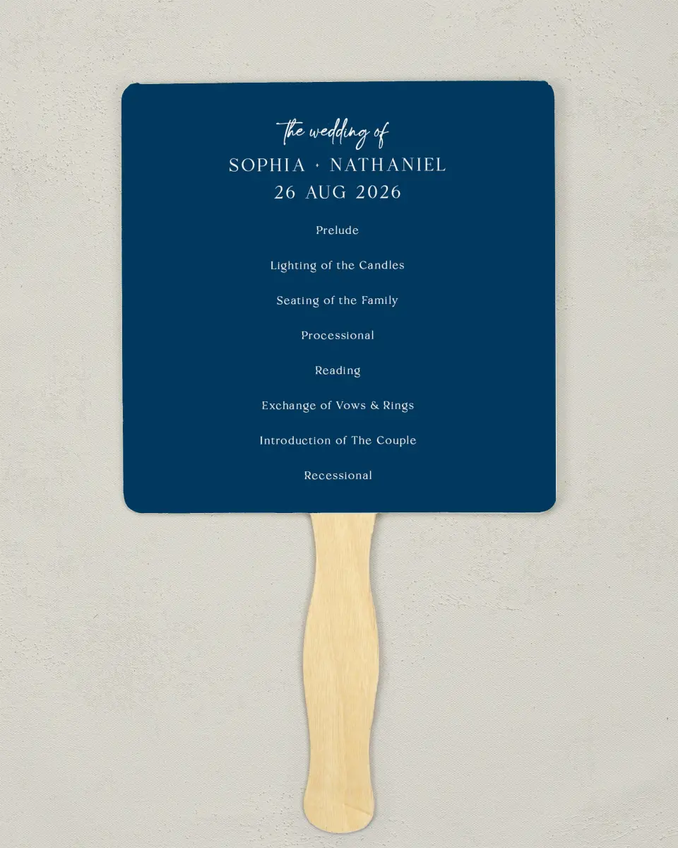 This is a 6¼" x 6¼" Wedding Program Fan called The Sophia printed in full color with Rose Gold foil on Luxe Satin (coated) paper
