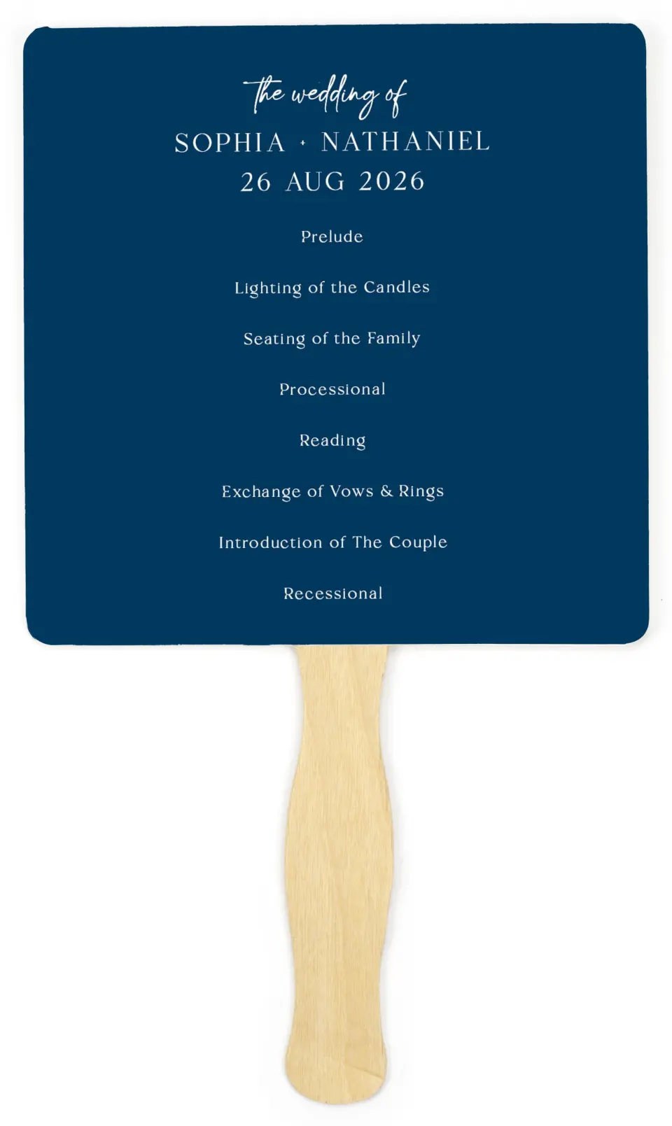 This is a 6¼" x 6¼" Wedding Program Fan called The Sophia printed in full color on Premium Smooth paper