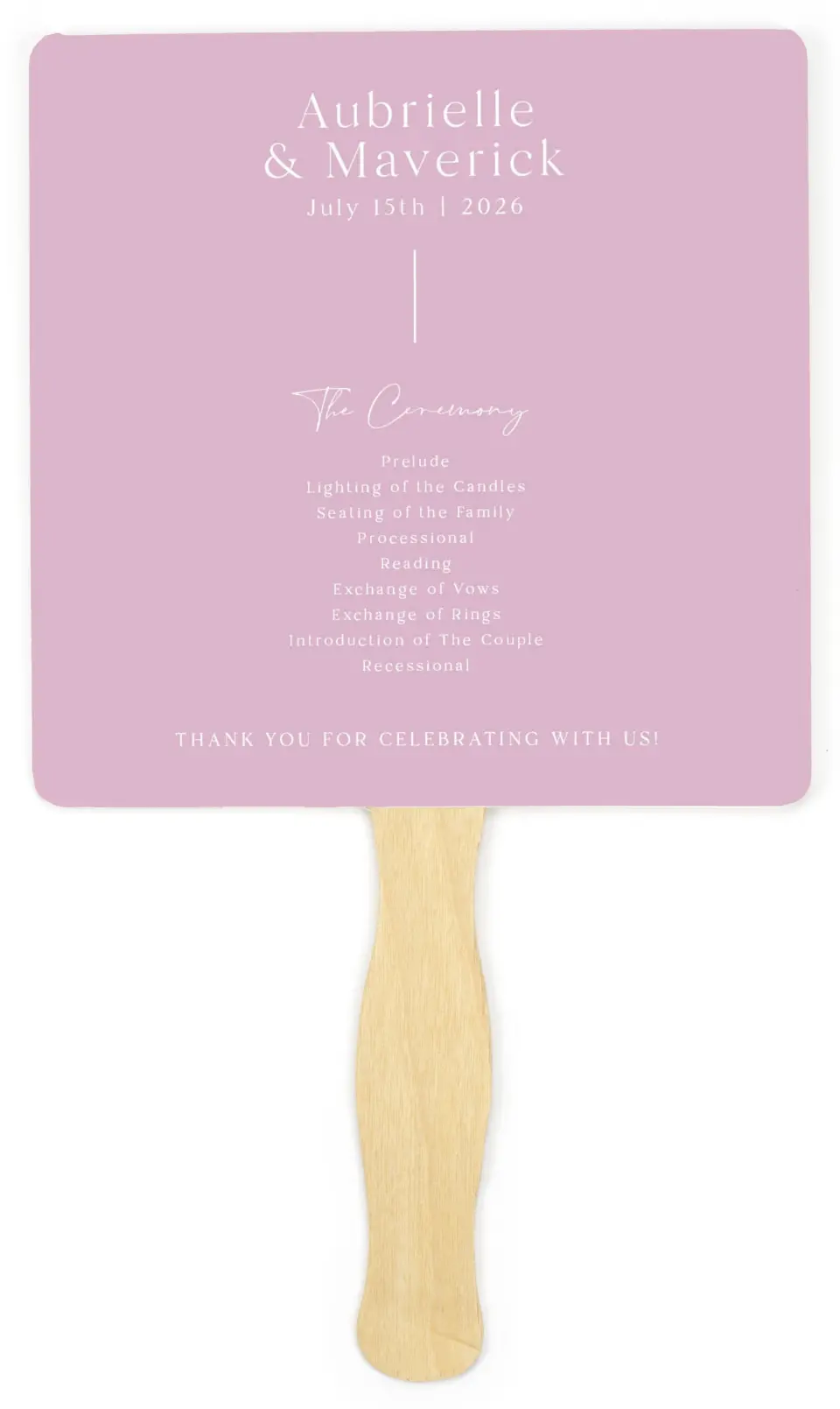 This is a 6¼" x 6¼" Wedding Program Fan called The Aubrielle printed in full color on Premium Smooth paper