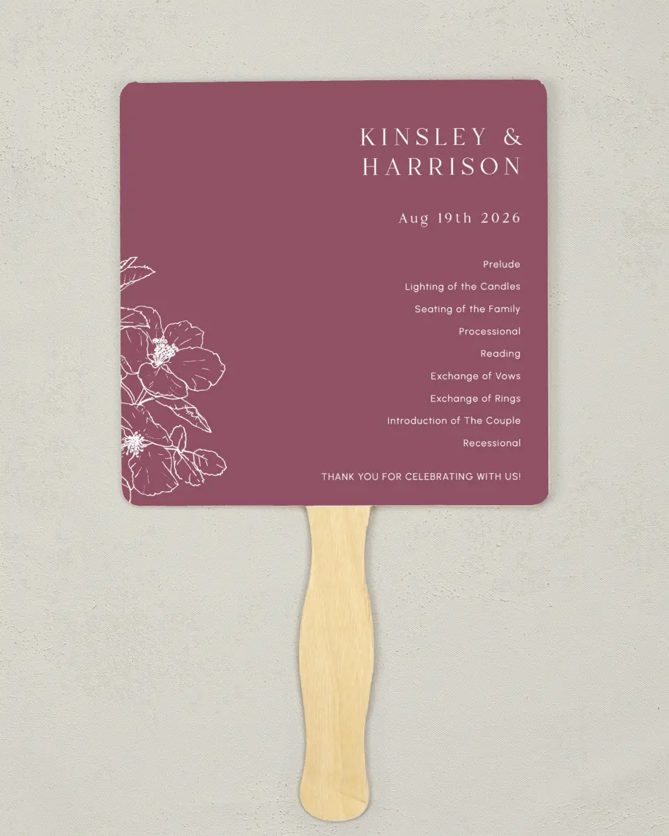 This is a 6¼" x 6¼" Wedding Program Fan called The Kinsley printed in full color on Premium Smooth paper
