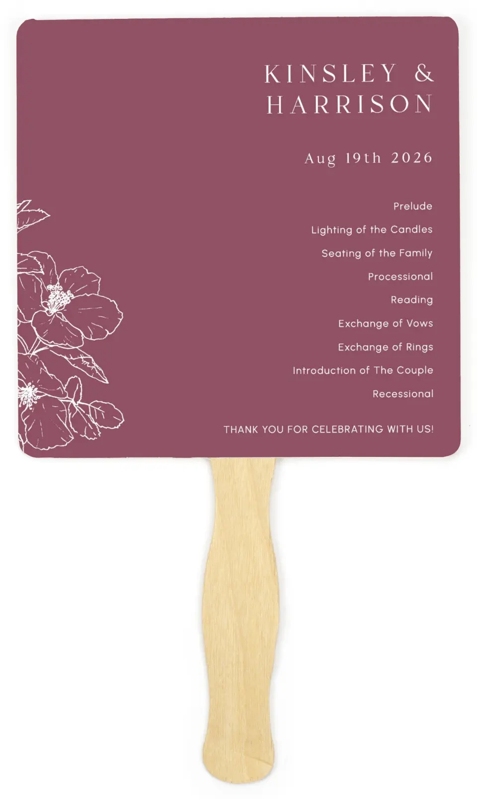 This is a 6¼" x 6¼" Wedding Program Fan called The Kinsley printed in full color on Premium Smooth paper