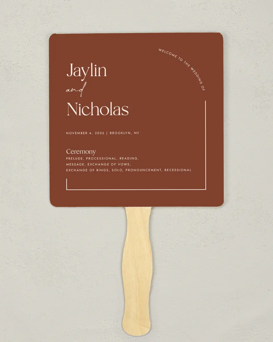 This is a 6¼" x 6¼" Wedding Program Fan called The Jaylin printed in full color with Rose Gold foil on Luxe Satin (coated) paper