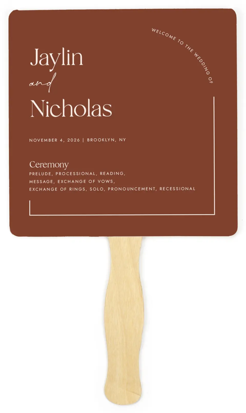 This is a 6¼" x 6¼" Wedding Program Fan called The Jaylin printed in full color on Premium Smooth paper