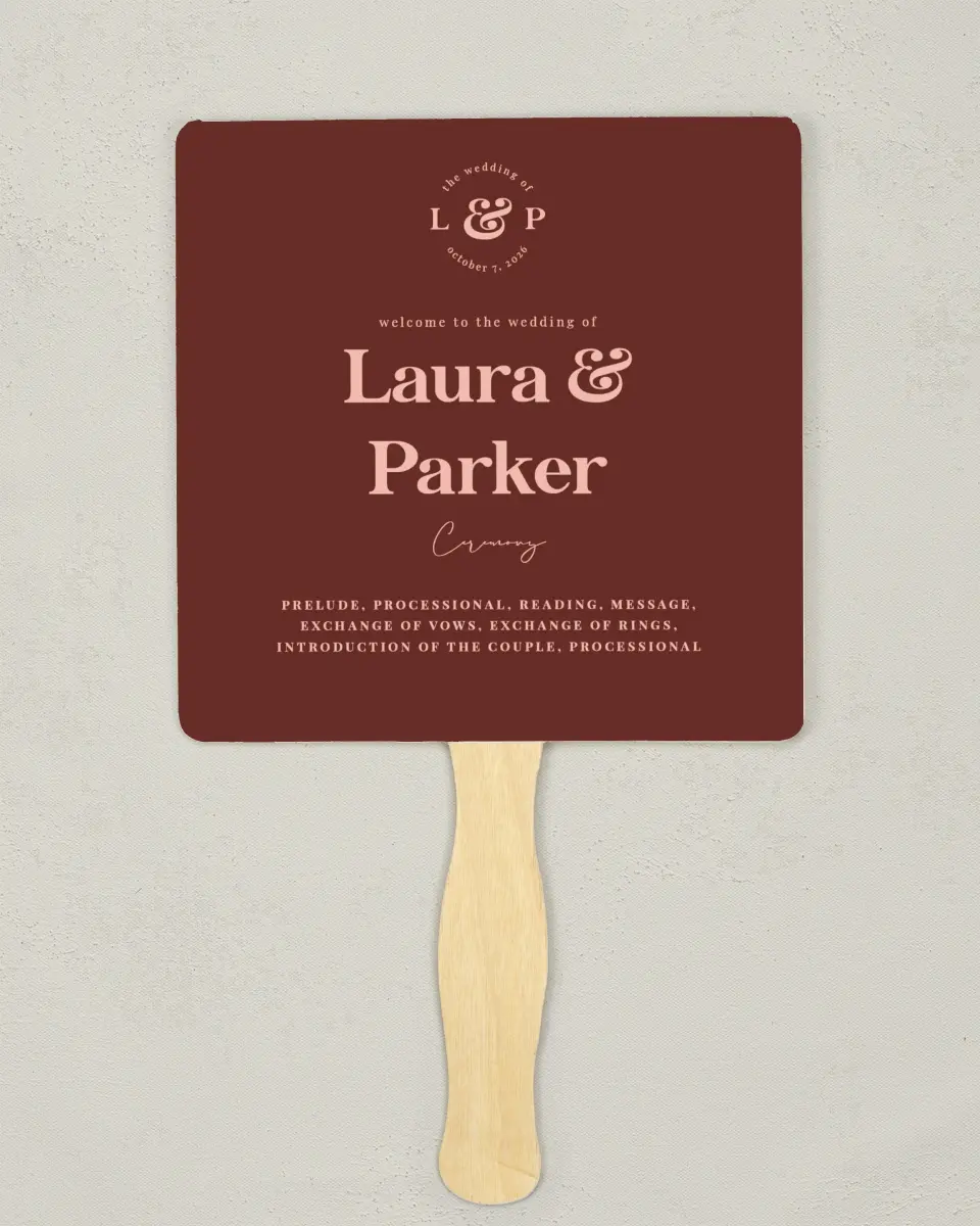 This is a 6¼" x 6¼" Wedding Program Fan called The Laura printed in full color on Premium Smooth paper