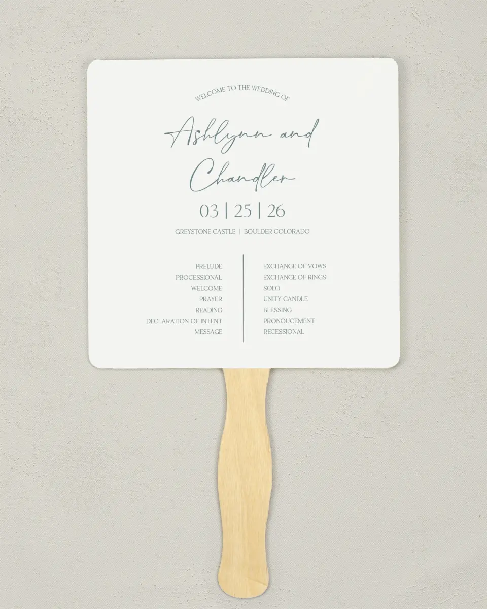This is a 6¼" x 6¼" Wedding Program Fan called The Ashlynn printed in full color with Gold foil on Luxe Satin (coated) paper