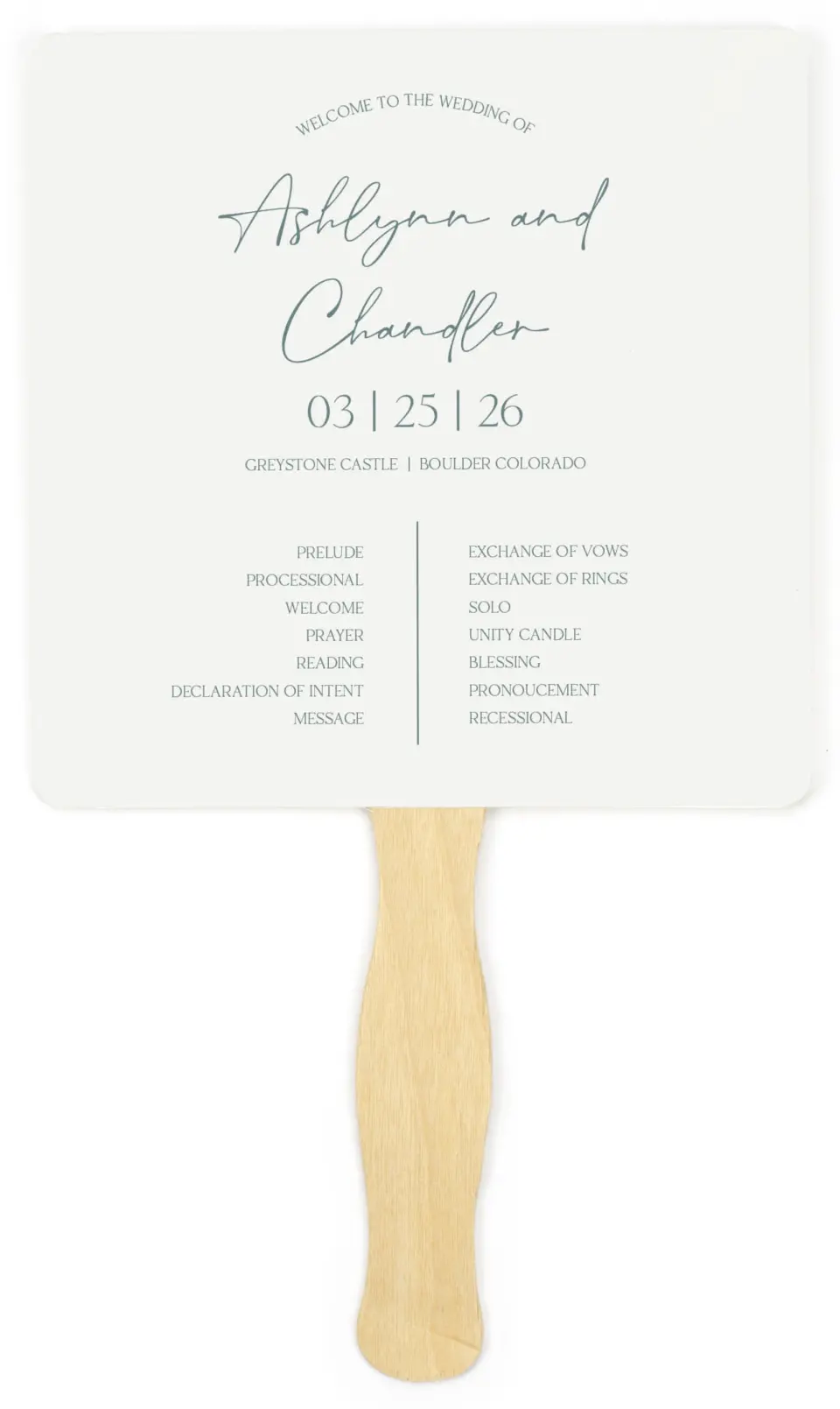 This is a 6¼" x 6¼" Wedding Program Fan called The Ashlynn printed in full color on Premium Smooth paper