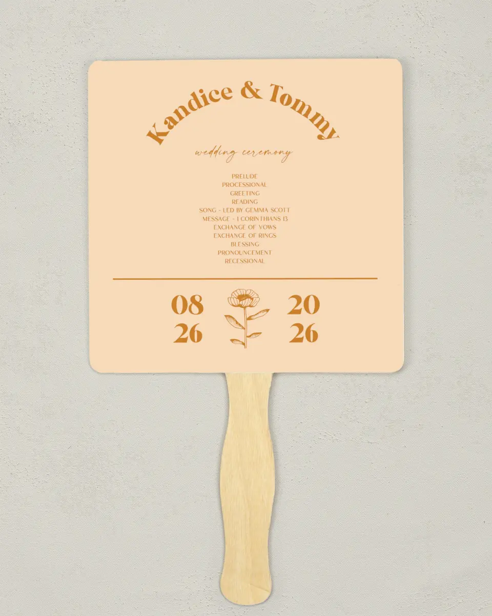 This is a 6¼" x 6¼" Wedding Program Fan called The Kandice printed in full color on Premium Smooth paper