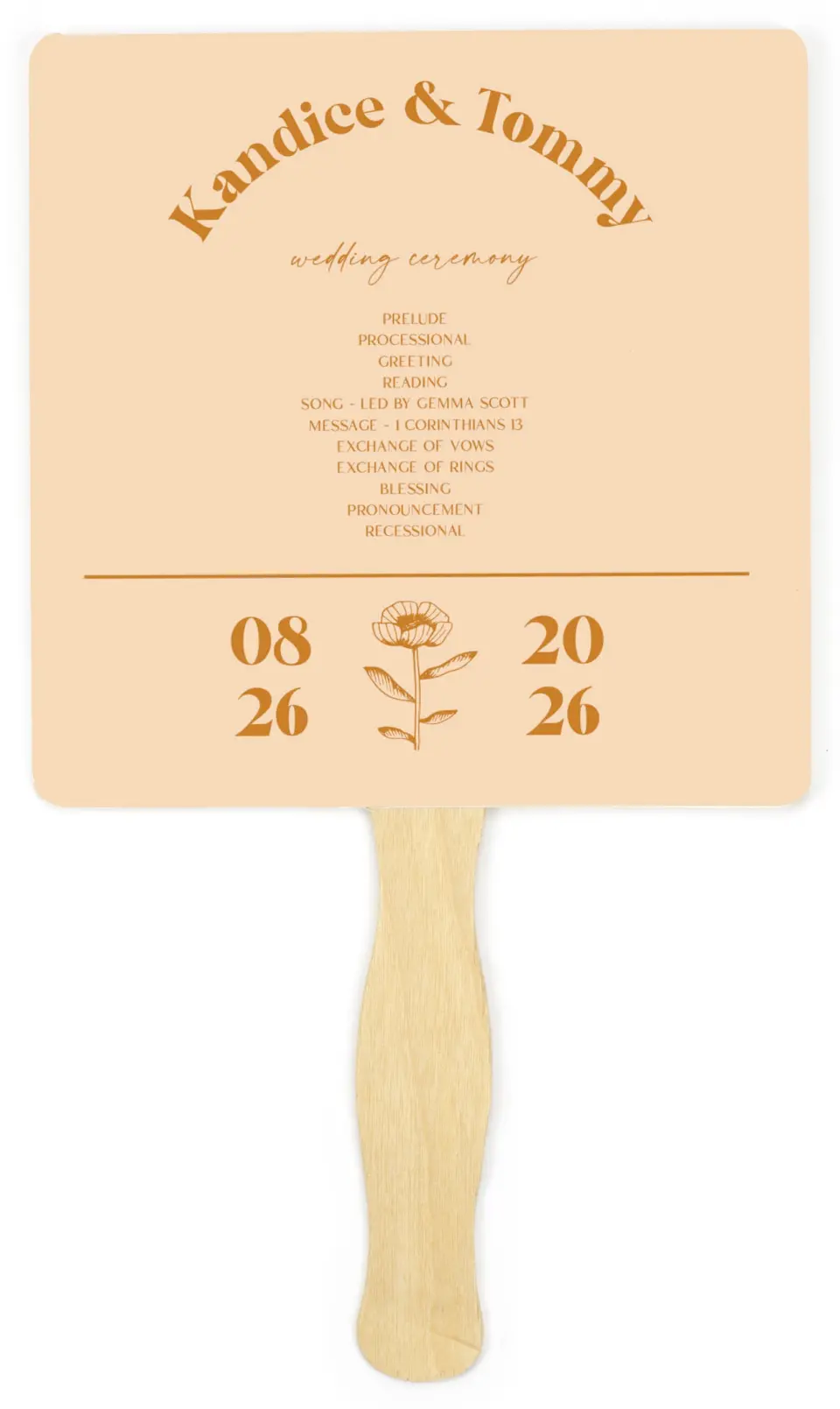 This is a 6¼" x 6¼" Wedding Program Fan called The Kandice printed in full color on Premium Smooth paper