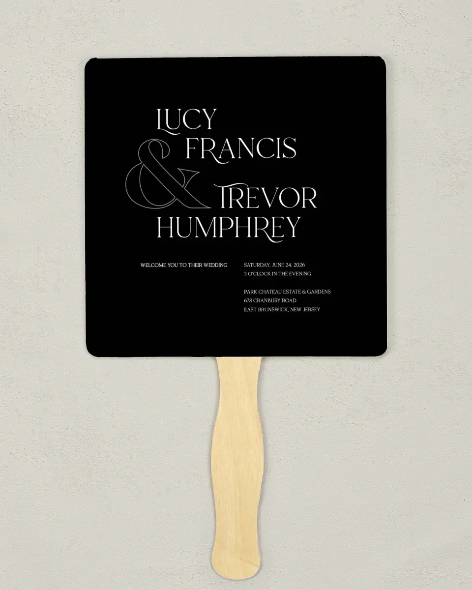 This is a 6¼" x 6¼" Wedding Program Fan called The Lucy printed in full color on Premium Smooth paper