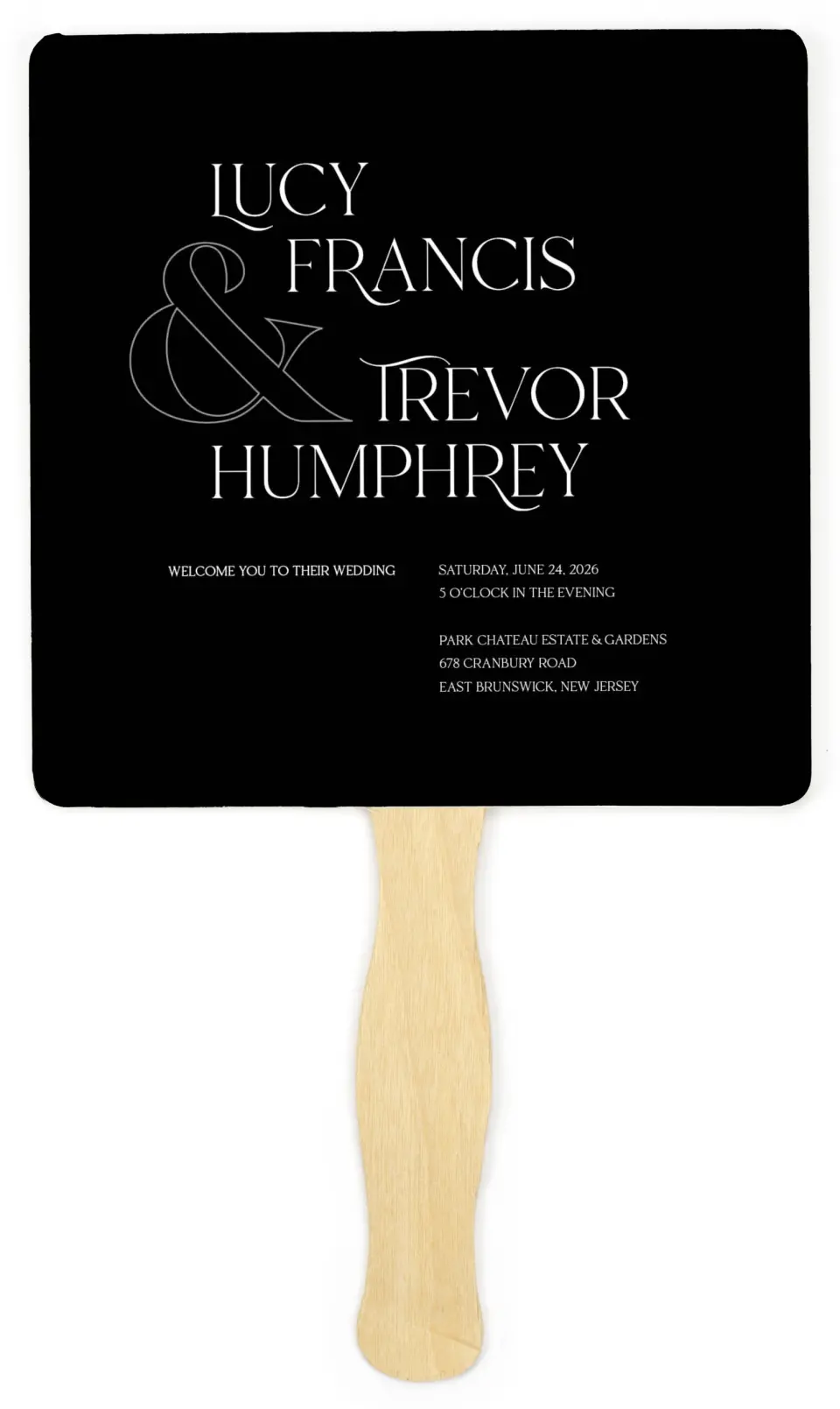 This is a 6¼" x 6¼" Wedding Program Fan called The Lucy printed in full color on Premium Smooth paper