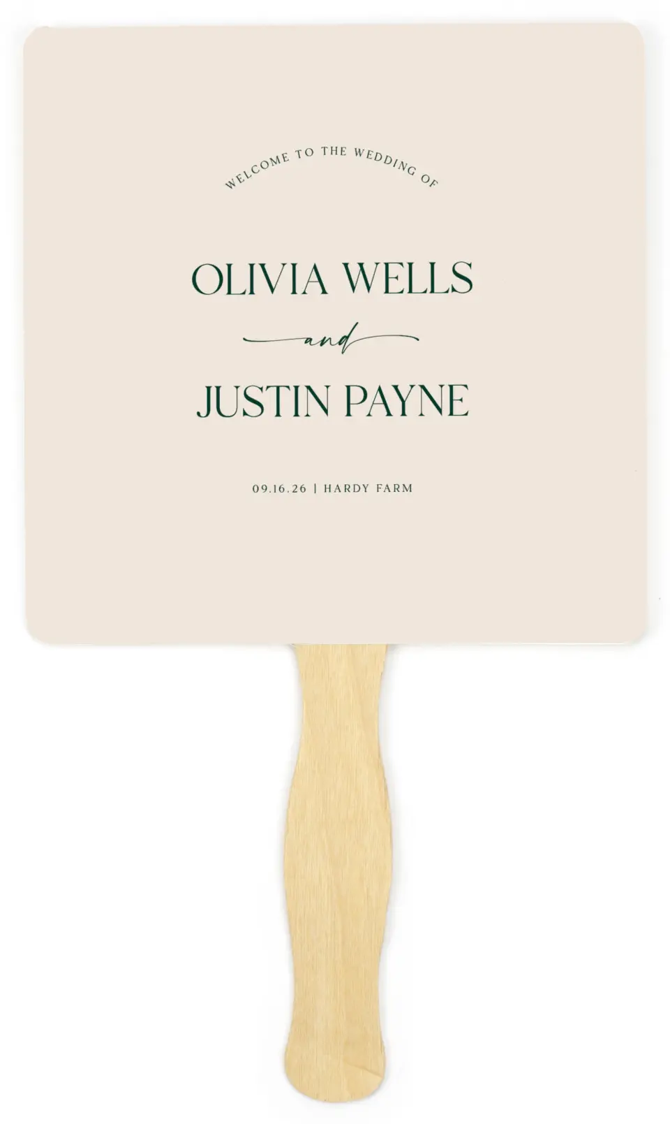 This is a 6¼" x 6¼" Wedding Program Fan called The Olivia printed in full color on Premium Smooth paper