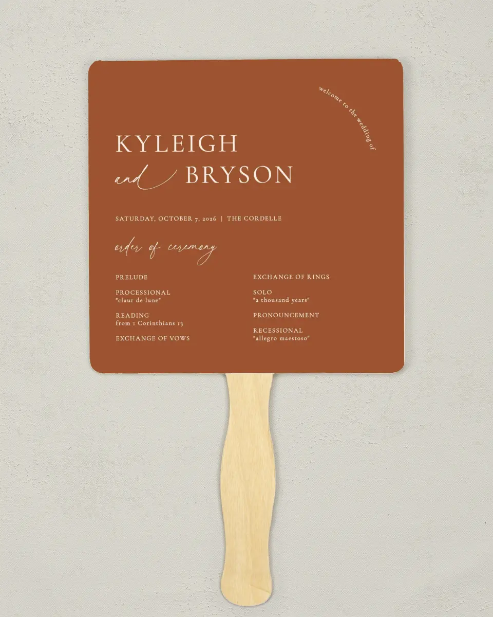 This is a 6¼" x 6¼" Wedding Program Fan called The Kyleigh printed in full color on Premium Smooth paper