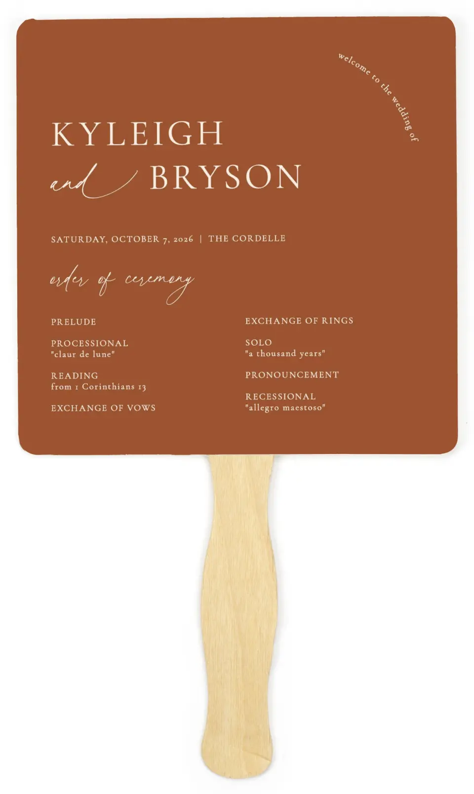 This is a 6¼" x 6¼" Wedding Program Fan called The Kyleigh printed in full color on Premium Smooth paper