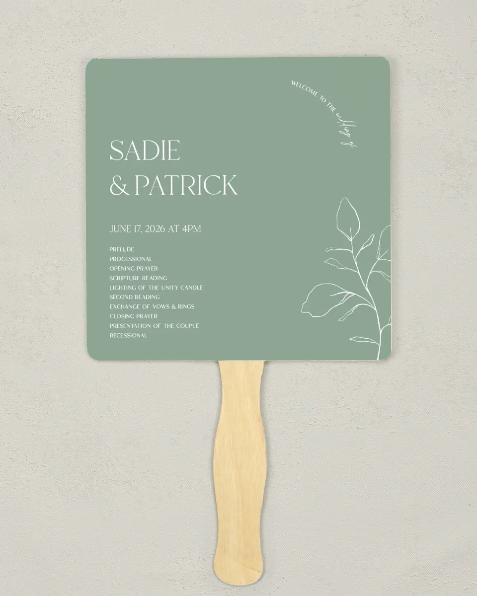 This is a 6¼" x 6¼" Wedding Program Fan called The Sadie printed in full color with Gold foil on Luxe Satin (coated) paper
