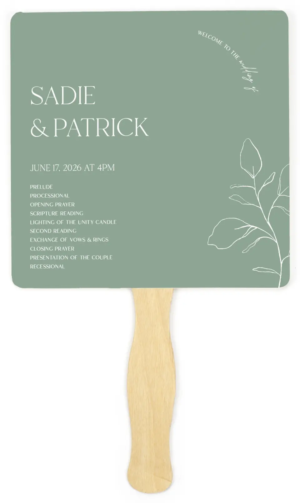 This is a 6¼" x 6¼" Wedding Program Fan called The Sadie printed in full color on Premium Smooth paper