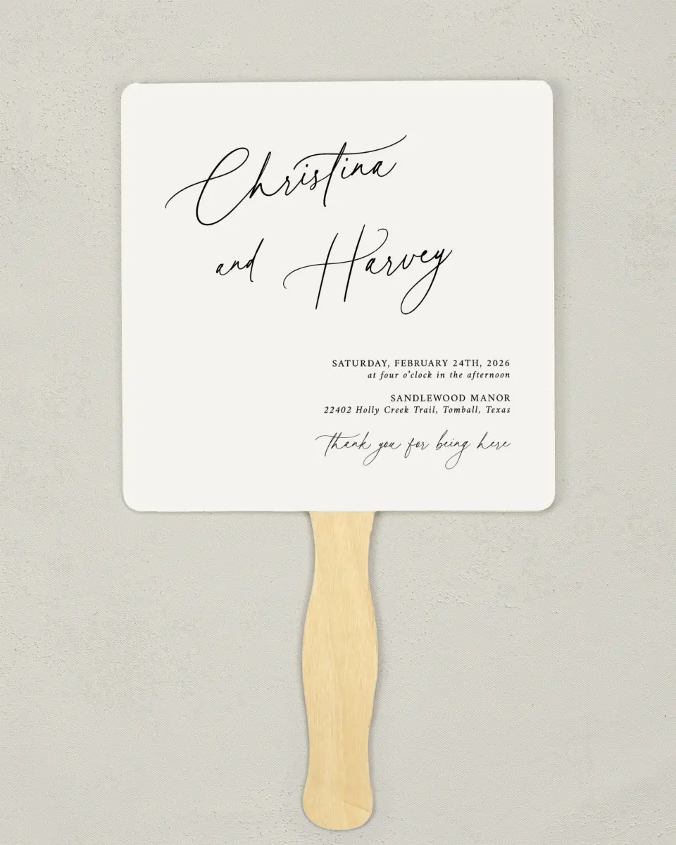 This is a 6¼" x 6¼" Wedding Program Fan called The Christina printed in full color on Premium Smooth paper