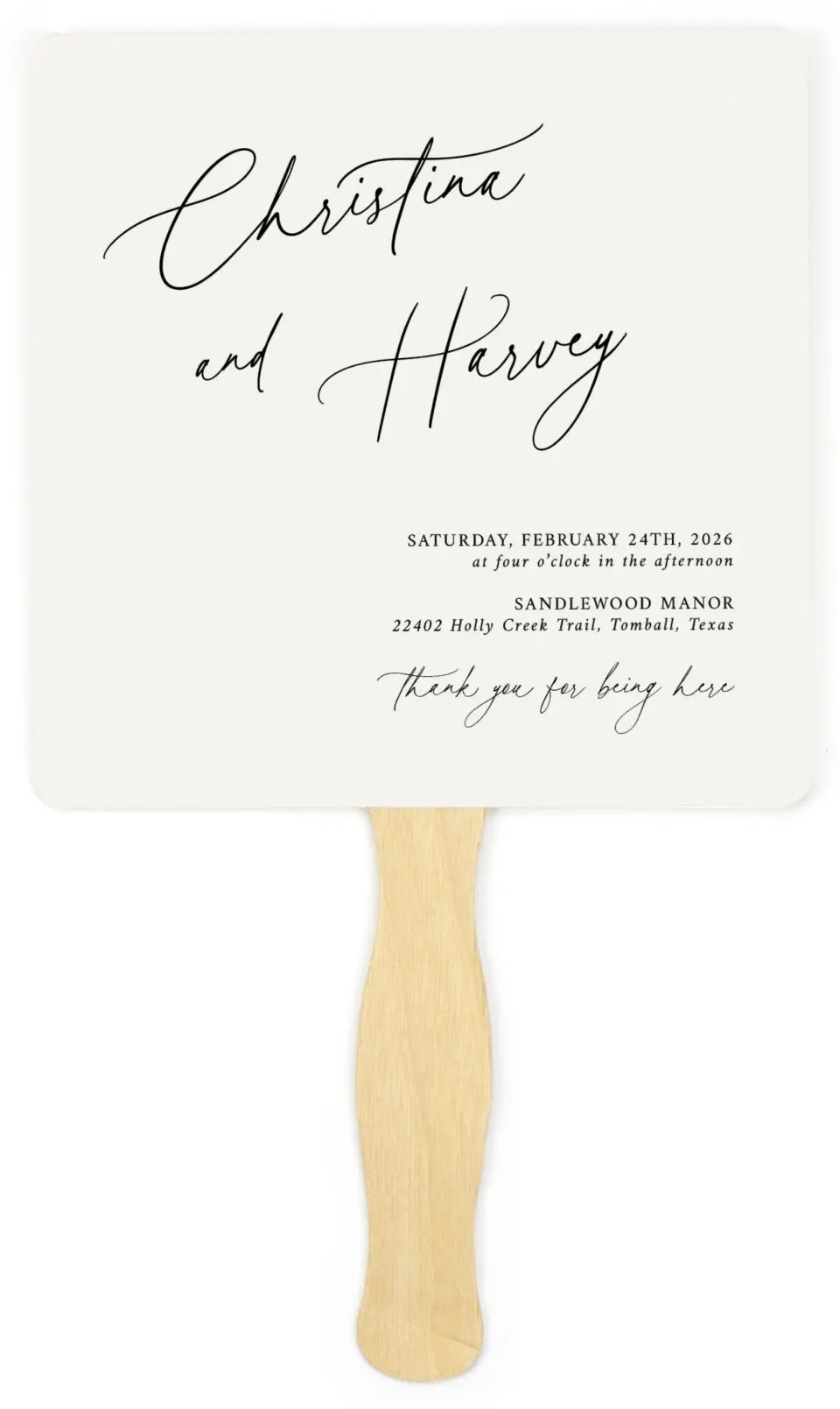 This is a 6¼" x 6¼" Wedding Program Fan called The Christina printed in full color on Premium Smooth paper