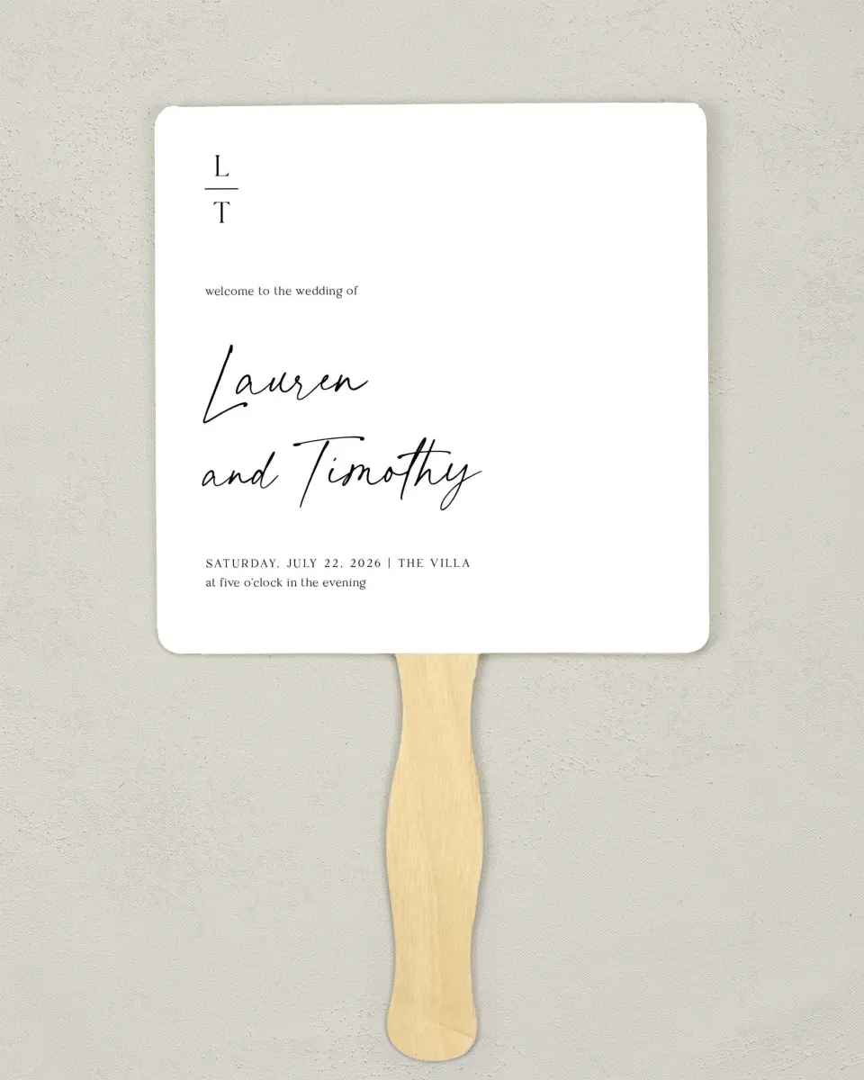 This is a 6¼" x 6¼" Wedding Program Fan called The Lauren printed in full color on Premium Smooth paper