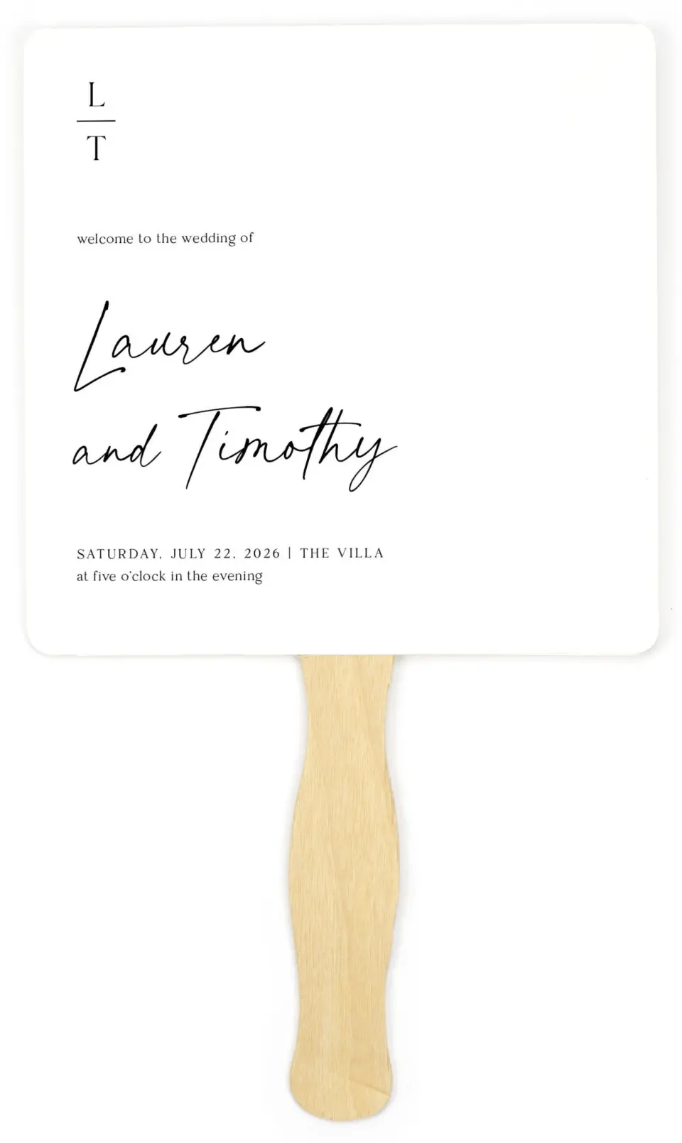 This is a 6¼" x 6¼" Wedding Program Fan called The Lauren printed in full color on Premium Smooth paper