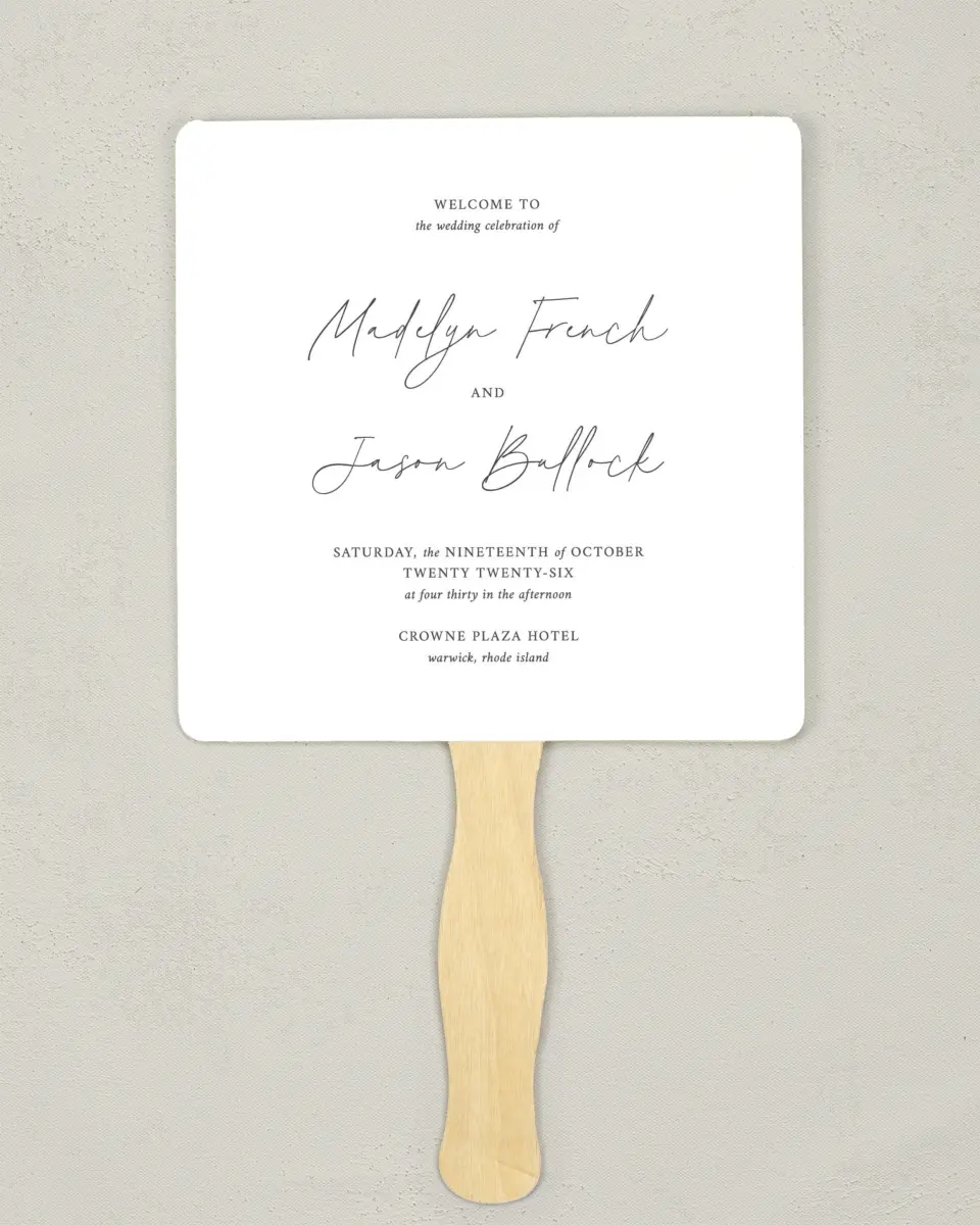 This is a 6¼" x 6¼" Wedding Program Fan called The Madelyn printed in full color on Premium Smooth paper