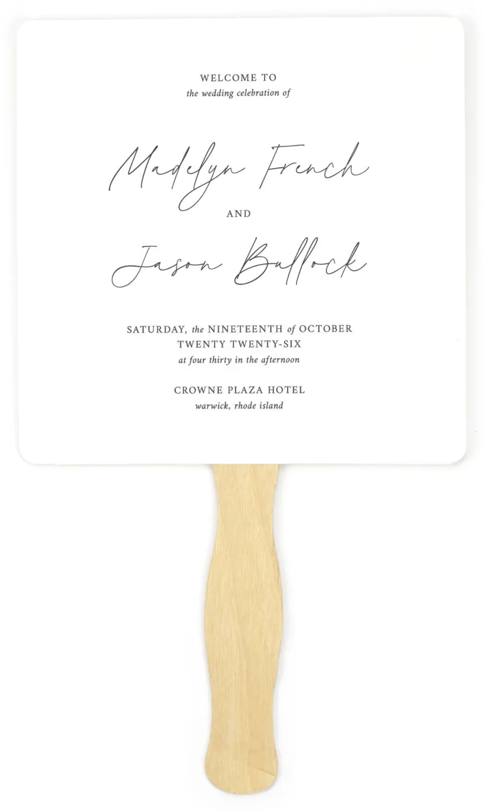 This is a 6¼" x 6¼" Wedding Program Fan called The Madelyn printed in full color on Premium Smooth paper