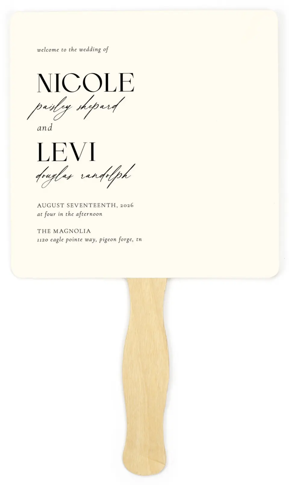 This is a 6¼" x 6¼" Wedding Program Fan called The Nicole printed in full color on Premium Smooth paper