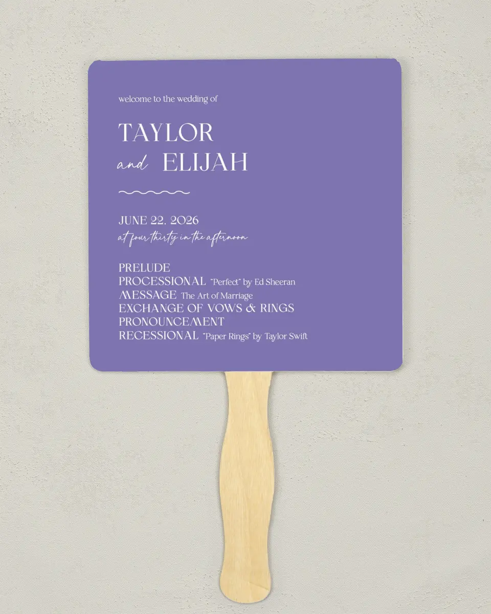 This is a 6¼" x 6¼" Wedding Program Fan called The Taylor printed in full color on Premium Smooth paper