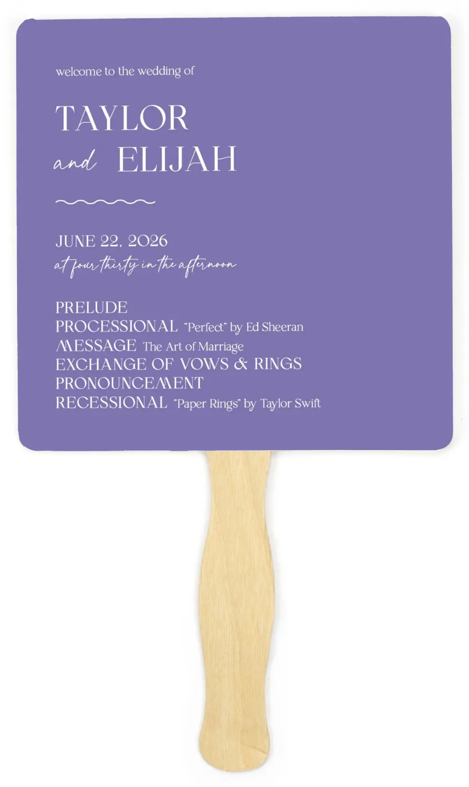 This is a 6¼" x 6¼" Wedding Program Fan called The Taylor printed in full color on Premium Smooth paper