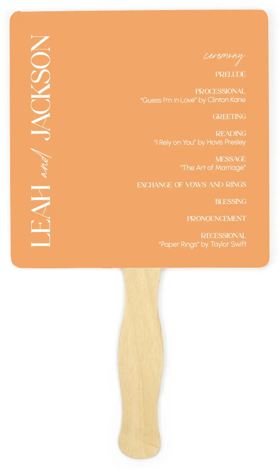 This is a 6¼" x 6¼" Wedding Program Fan called The Leah printed in full color on Premium Smooth paper