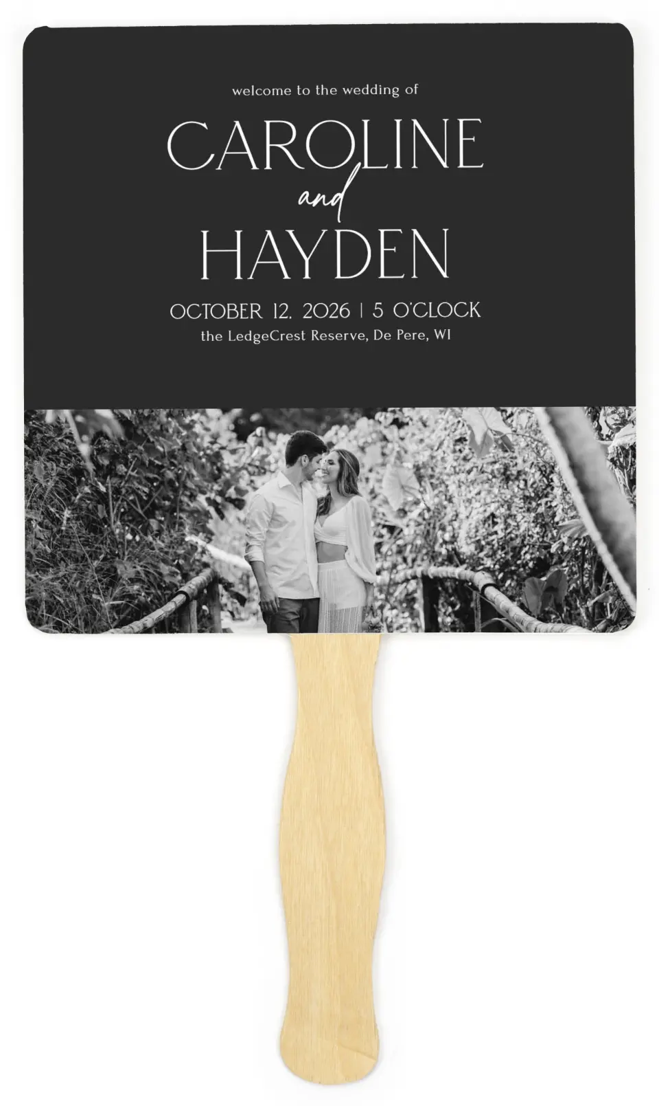 This is a 6¼" x 6¼" Wedding Program Fan called The Caroline printed in full color on Premium Smooth paper