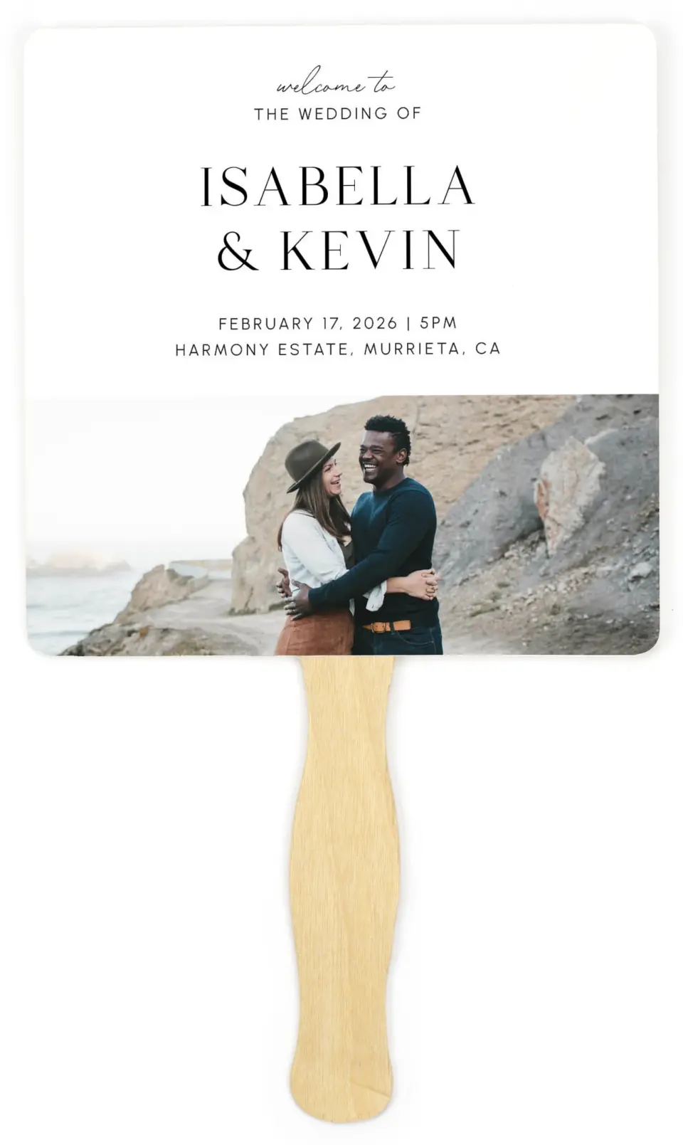 This is a 6¼" x 6¼" Wedding Program Fan called The Isabella printed in full color on Premium Smooth paper