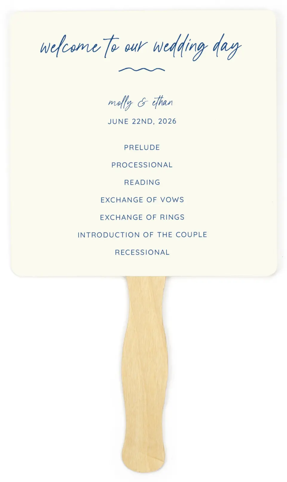 This is a 6¼" x 6¼" Wedding Program Fan called Drawn To You printed in full color on Premium Smooth paper