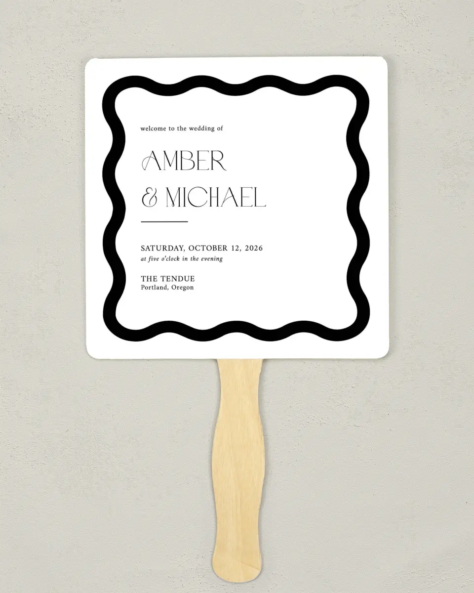 This is a 6¼" x 6¼" Wedding Program Fan called The Amber printed in full color with Rose Gold foil on Luxe Satin (coated) paper