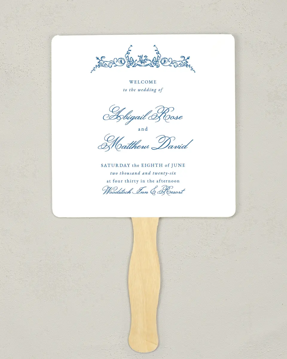 This is a 6¼" x 6¼" Wedding Program Fan called Ornamental Elegance printed in full color on Premium Smooth paper